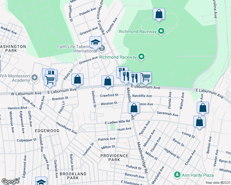 map of restaurants, bars, coffee shops, grocery stores, and more near 406 Crawford Street in Richmond
