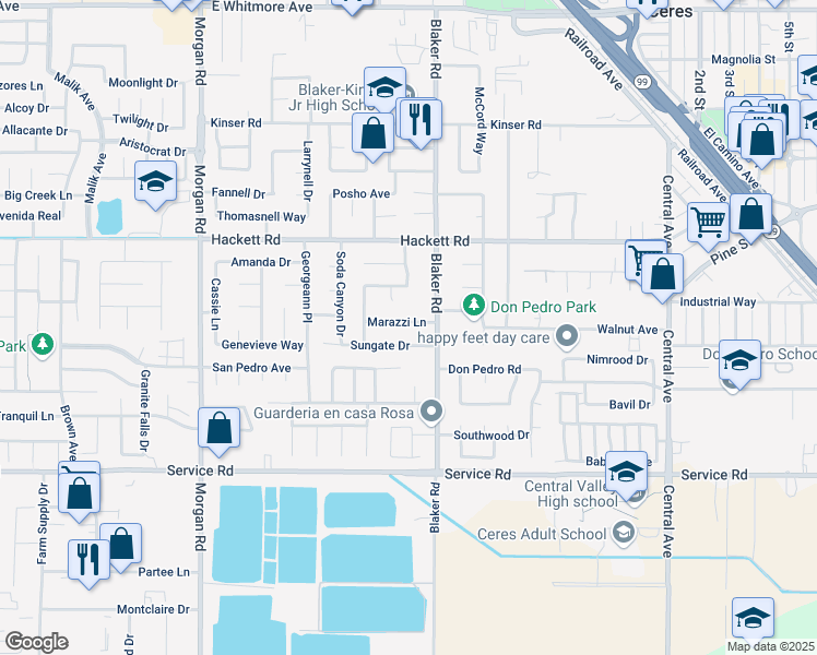 map of restaurants, bars, coffee shops, grocery stores, and more near 1616 Marazzi Lane in Ceres