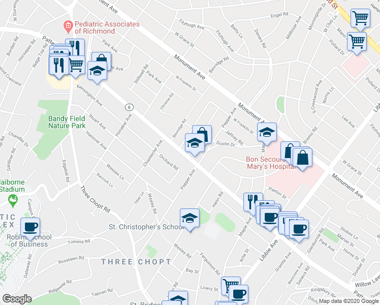 map of restaurants, bars, coffee shops, grocery stores, and more near 878 Orchard Road in Richmond