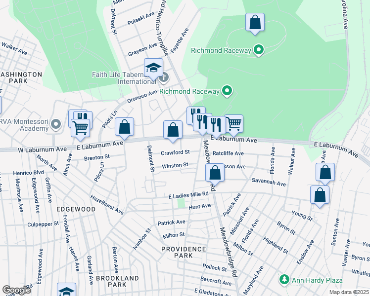 map of restaurants, bars, coffee shops, grocery stores, and more near 406 Crawford Street in Richmond
