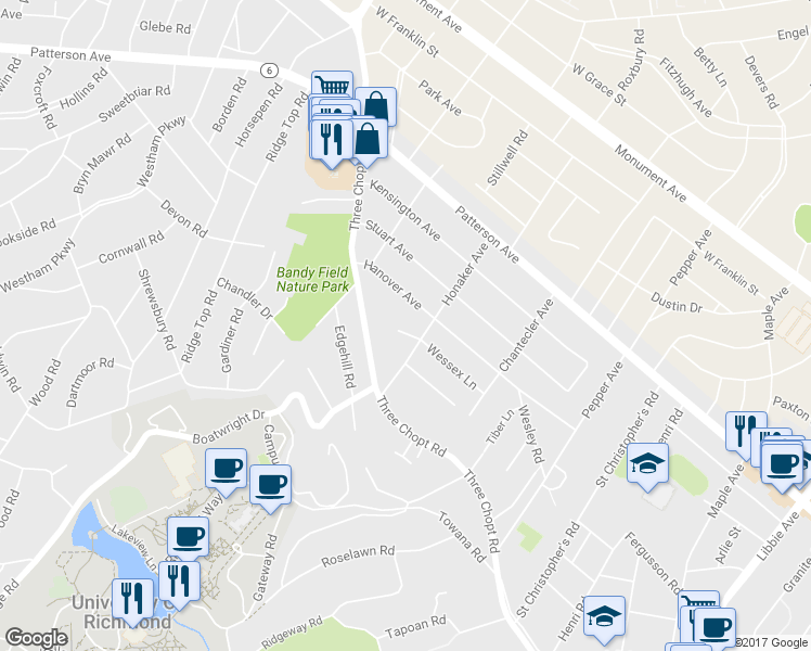 map of restaurants, bars, coffee shops, grocery stores, and more near 6706 Wessex Lane in Richmond