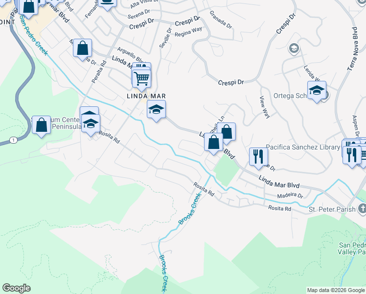map of restaurants, bars, coffee shops, grocery stores, and more near 1422 Serra Drive in Pacifica