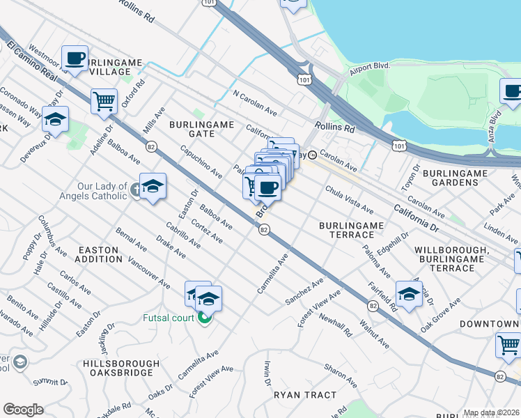 map of restaurants, bars, coffee shops, grocery stores, and more near 1399 Broadway in Burlingame