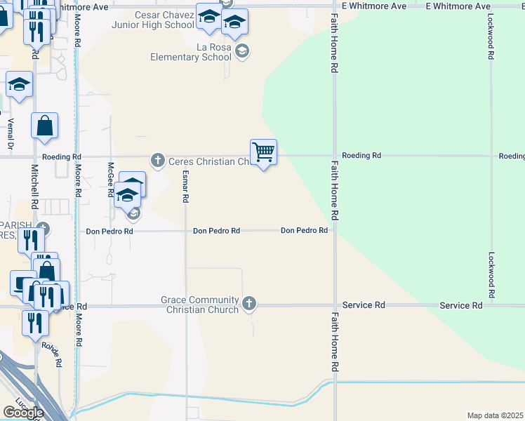 map of restaurants, bars, coffee shops, grocery stores, and more near 3755 Don Pedro Road in Ceres