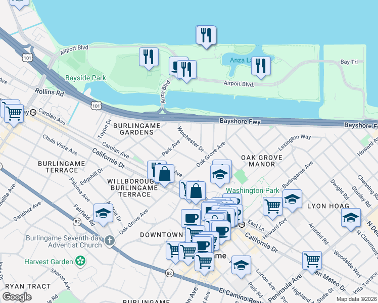 map of restaurants, bars, coffee shops, grocery stores, and more near 734 Winchester Drive in Burlingame