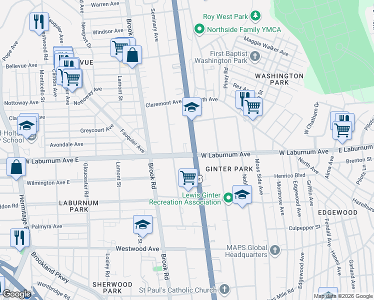 map of restaurants, bars, coffee shops, grocery stores, and more near 3802 1/2 Chamberlayne Avenue in Richmond