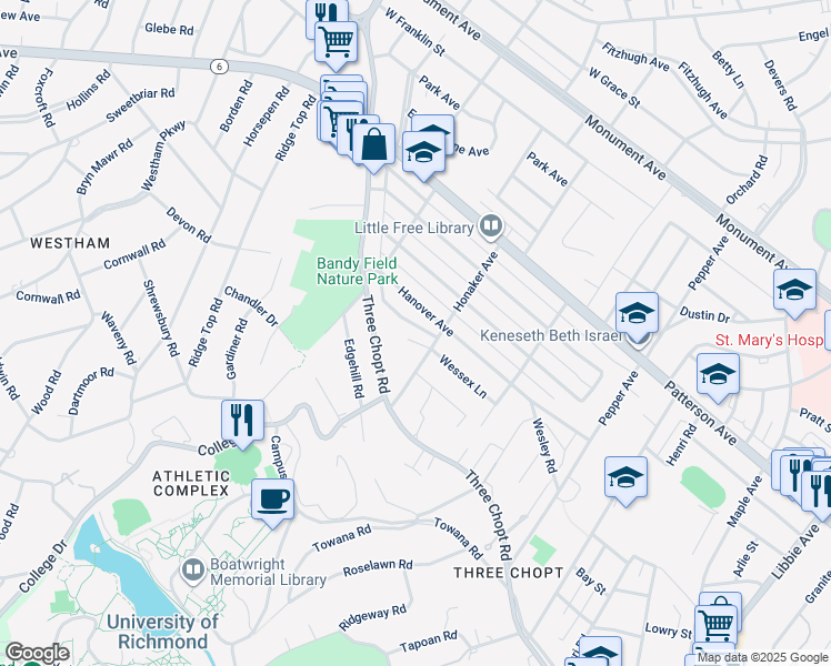 map of restaurants, bars, coffee shops, grocery stores, and more near 6706 Wessex Lane in Richmond