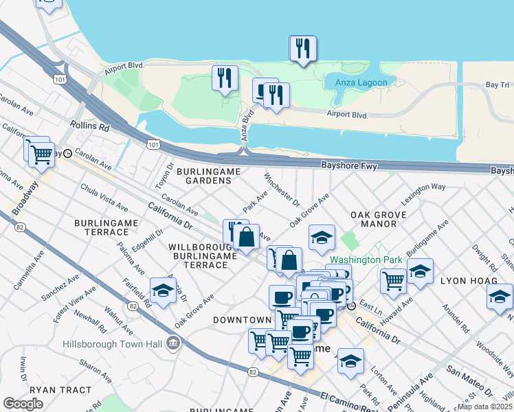 map of restaurants, bars, coffee shops, grocery stores, and more near 751 Laurel Avenue in Burlingame