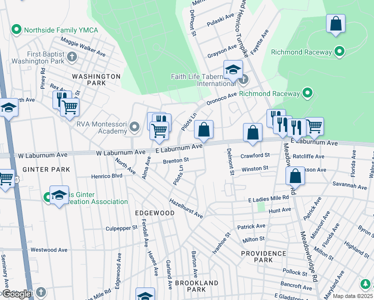 map of restaurants, bars, coffee shops, grocery stores, and more near 105 East Laburnum Avenue in Richmond