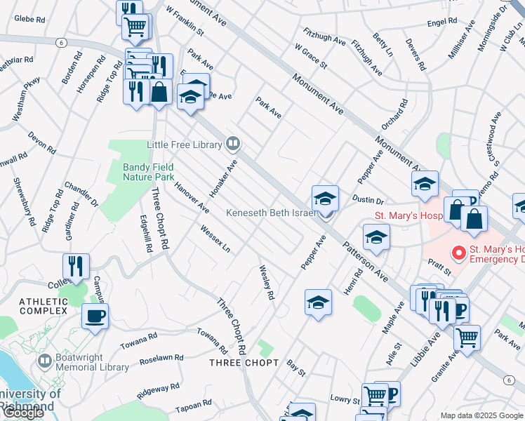 map of restaurants, bars, coffee shops, grocery stores, and more near 6503 Kensington Avenue in Richmond