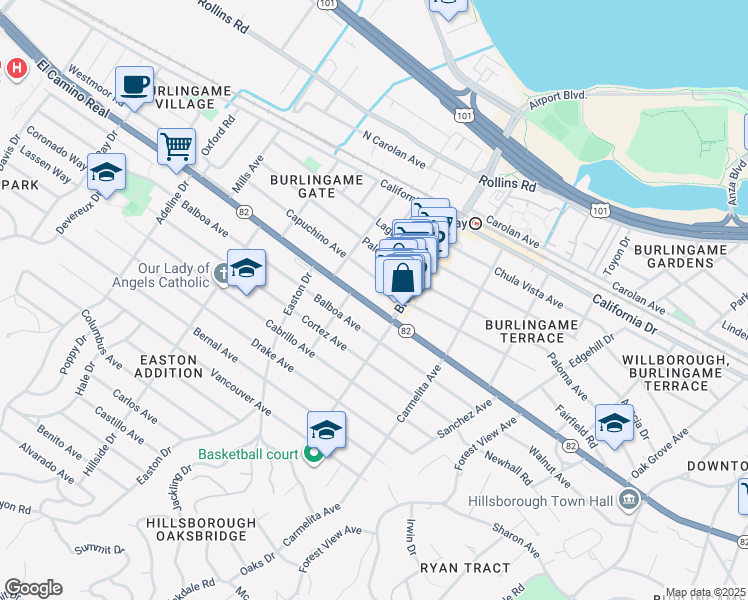 map of restaurants, bars, coffee shops, grocery stores, and more near 1224 El Camino Real in Burlingame