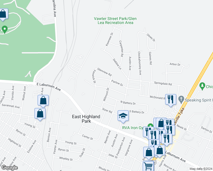map of restaurants, bars, coffee shops, grocery stores, and more near 1712 Lyndover Road in Richmond