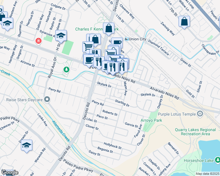 map of restaurants, bars, coffee shops, grocery stores, and more near 2172 Skylark Court in Union City