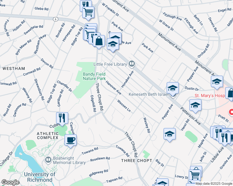 map of restaurants, bars, coffee shops, grocery stores, and more near 6701 Hanover Avenue in Richmond