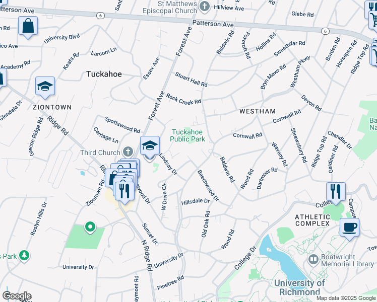 map of restaurants, bars, coffee shops, grocery stores, and more near 7206 Beechwood Drive in Richmond