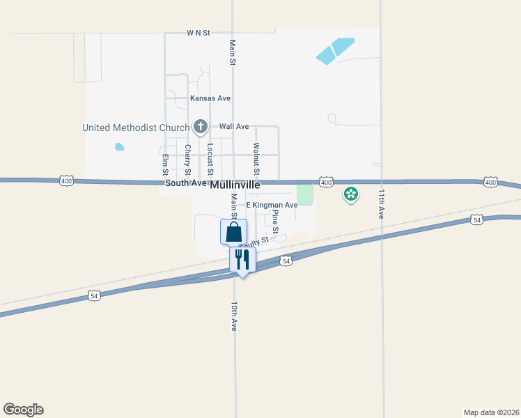 map of restaurants, bars, coffee shops, grocery stores, and more near 201 South Walnut Street in Mullinville