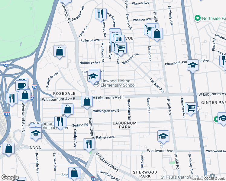 map of restaurants, bars, coffee shops, grocery stores, and more near 1509 Avondale Avenue in Richmond