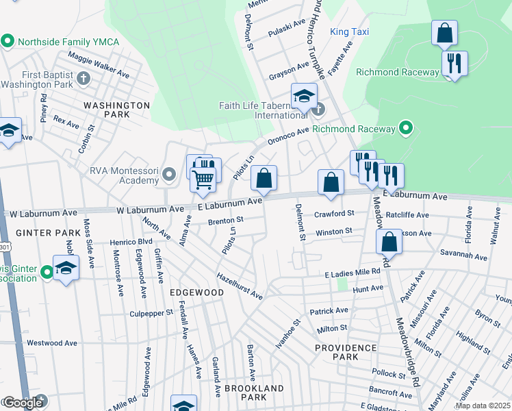 map of restaurants, bars, coffee shops, grocery stores, and more near 113 East Laburnum Avenue in Richmond