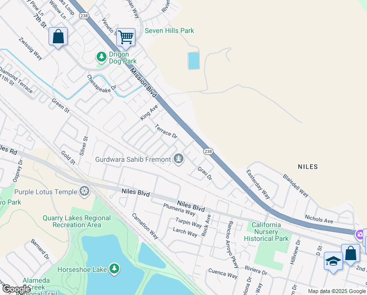 map of restaurants, bars, coffee shops, grocery stores, and more near 35672 Terrace Drive in Fremont