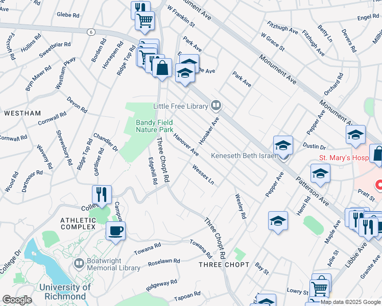 map of restaurants, bars, coffee shops, grocery stores, and more near 6701 Hanover Avenue in Richmond