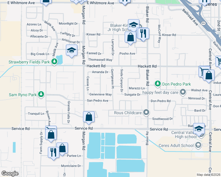 map of restaurants, bars, coffee shops, grocery stores, and more near 3609 Georgeann Place in Ceres
