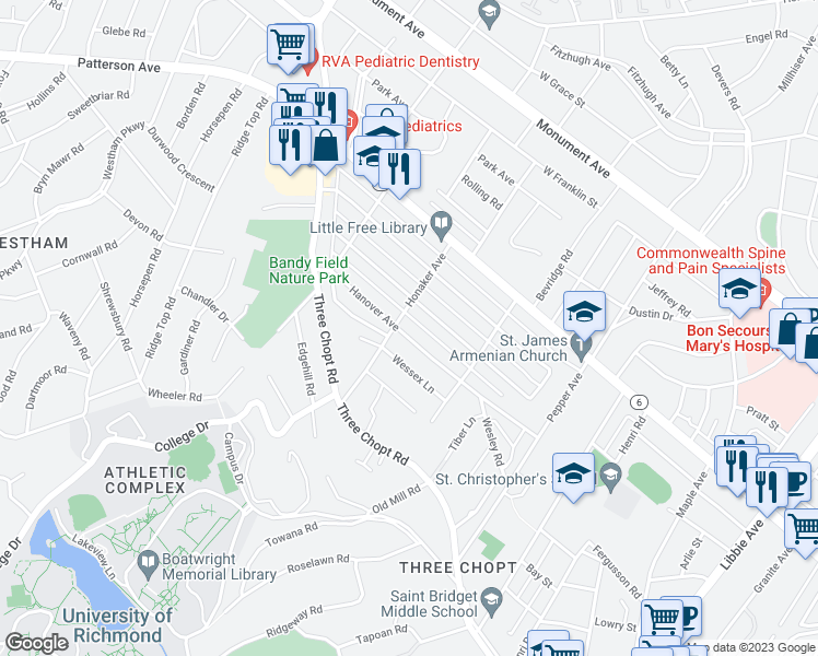 map of restaurants, bars, coffee shops, grocery stores, and more near 6532 Hanover Avenue in Richmond