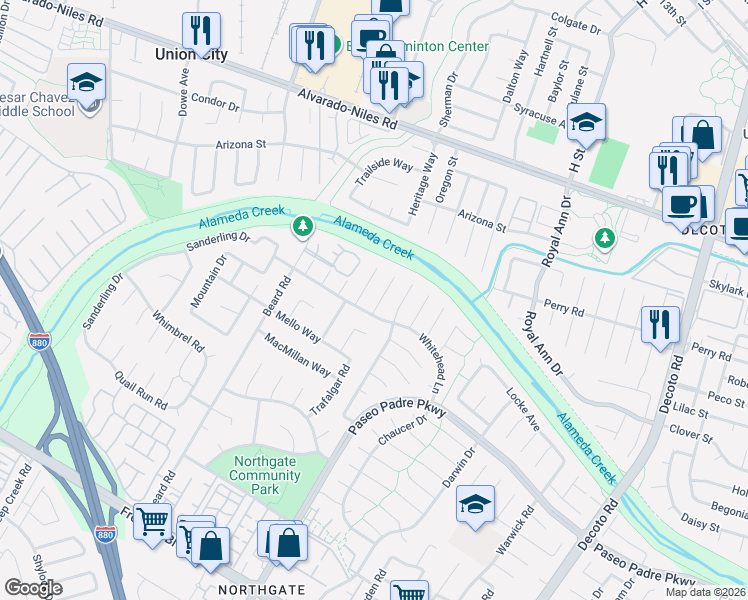 map of restaurants, bars, coffee shops, grocery stores, and more near 2871 Arlington Place in Fremont