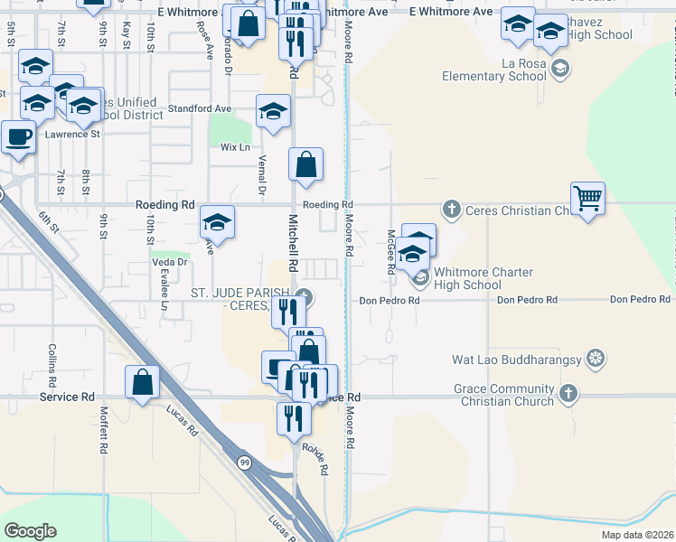 map of restaurants, bars, coffee shops, grocery stores, and more near 3500 Bonanza Way in Ceres