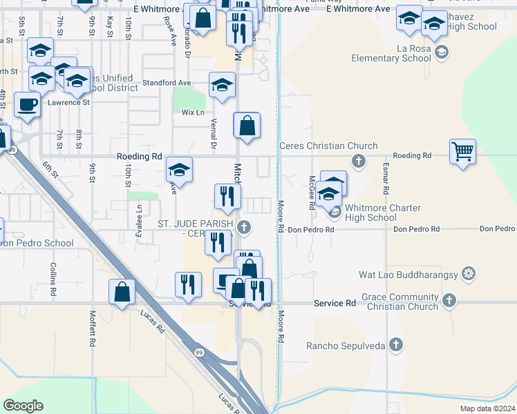 map of restaurants, bars, coffee shops, grocery stores, and more near 3101 Frontier Drive in Ceres