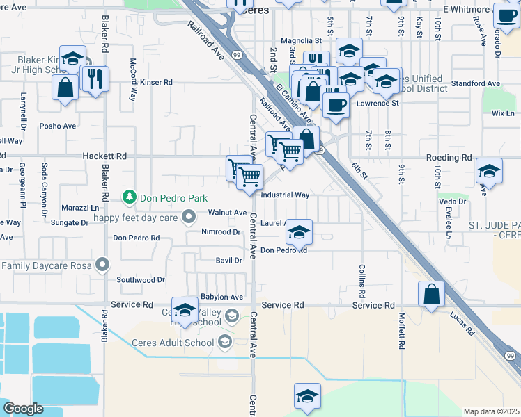 map of restaurants, bars, coffee shops, grocery stores, and more near 3505 Central Avenue in Ceres