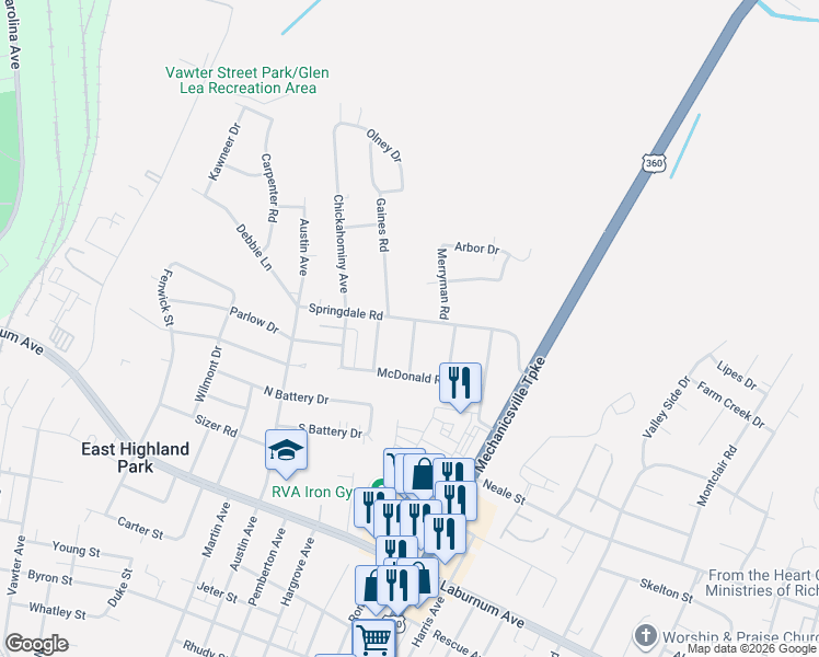 map of restaurants, bars, coffee shops, grocery stores, and more near 2108 Springdale Road in Richmond