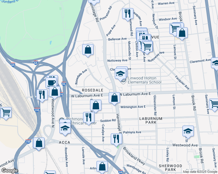 map of restaurants, bars, coffee shops, grocery stores, and more near 3803 Hill Monument Pkwy in Richmond
