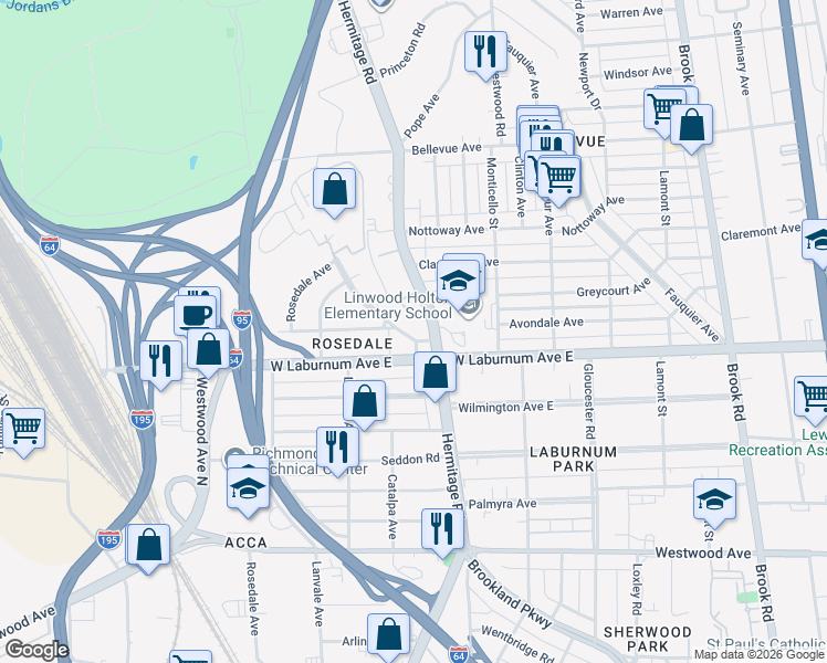 map of restaurants, bars, coffee shops, grocery stores, and more near 3802 Hermitage Road in Richmond
