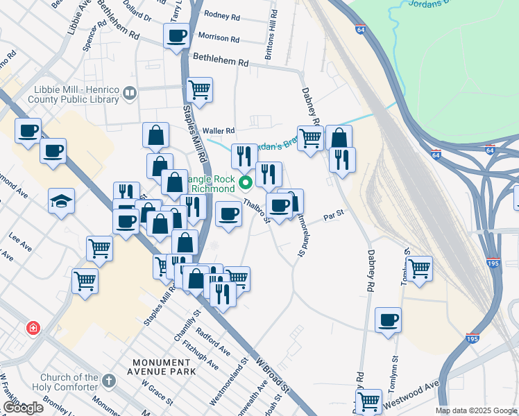 map of restaurants, bars, coffee shops, grocery stores, and more near 2100 Maywill St in Richmond