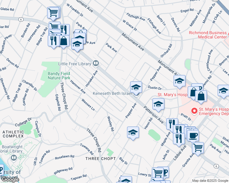 map of restaurants, bars, coffee shops, grocery stores, and more near 6416 Kensington Avenue in Richmond