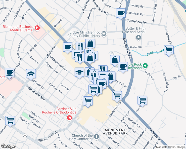 map of restaurants, bars, coffee shops, grocery stores, and more near 5227 West Broad Street in Richmond