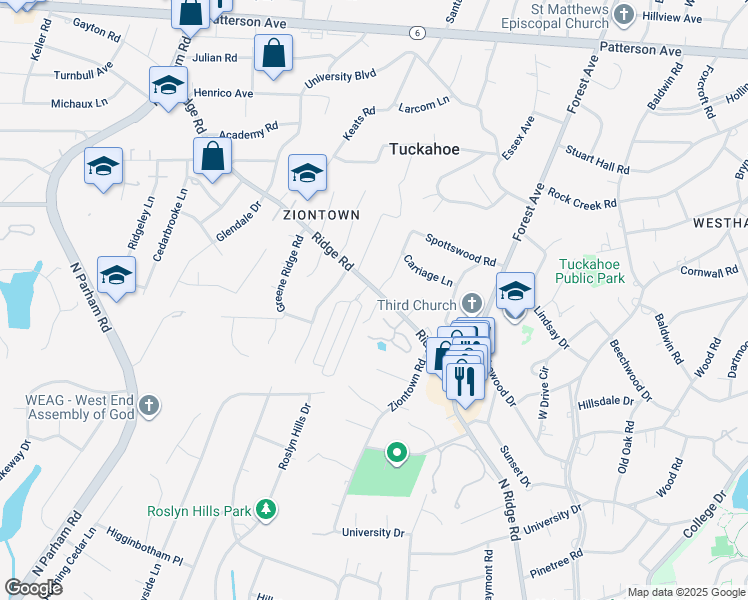 map of restaurants, bars, coffee shops, grocery stores, and more near 524 Tuckahoe Club Court in Richmond