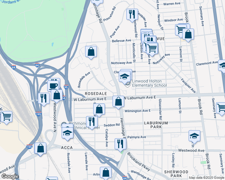 map of restaurants, bars, coffee shops, grocery stores, and more near 3803 Hill Monument Pkwy in Richmond