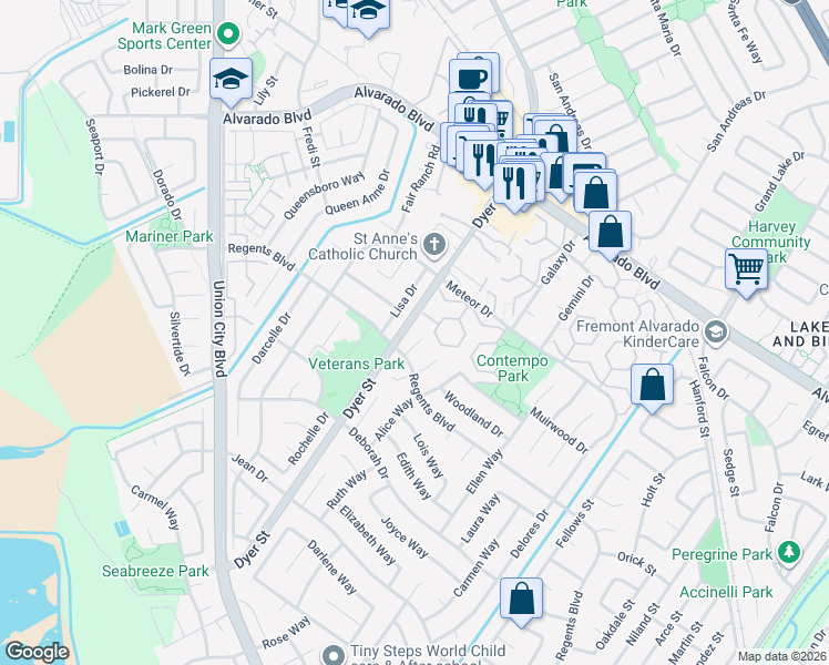 map of restaurants, bars, coffee shops, grocery stores, and more near 4407 Ashwood Court in Union City