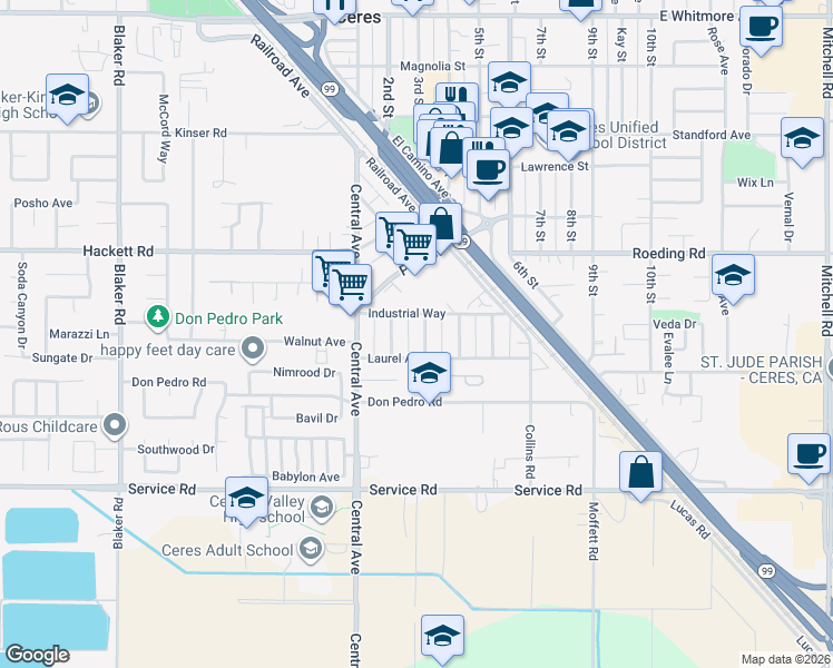 map of restaurants, bars, coffee shops, grocery stores, and more near 3613 Spruce Avenue in Ceres