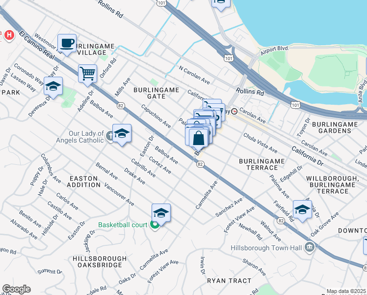 map of restaurants, bars, coffee shops, grocery stores, and more near 1226 El Camino Real in Burlingame