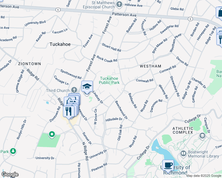 map of restaurants, bars, coffee shops, grocery stores, and more near 7206 Beechwood Drive in Richmond