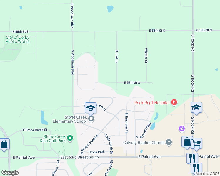 map of restaurants, bars, coffee shops, grocery stores, and more near 6811 East 58th Street South in Derby