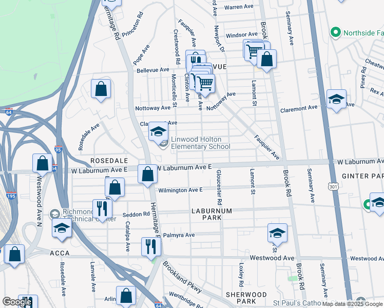 map of restaurants, bars, coffee shops, grocery stores, and more near 1509 Avondale Avenue in Richmond