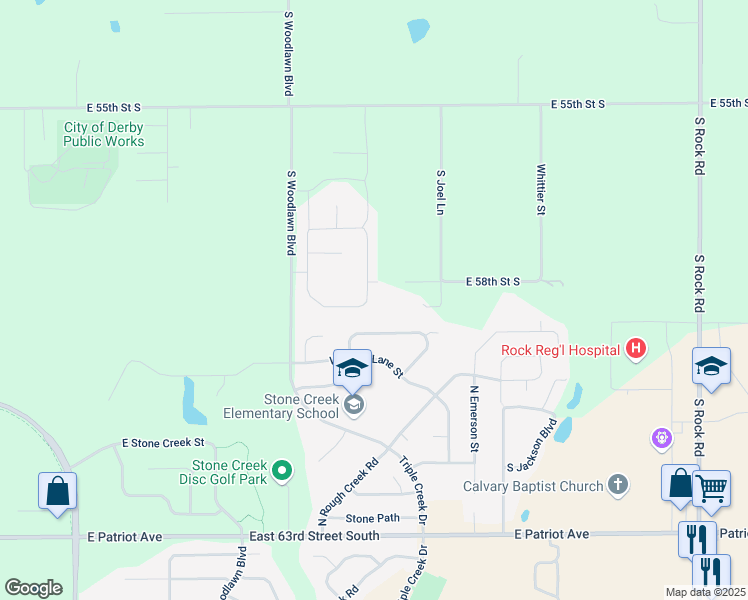 map of restaurants, bars, coffee shops, grocery stores, and more near 6811 E 58th Street South in Derby