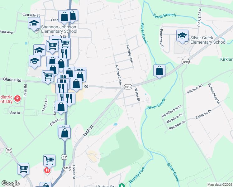 map of restaurants, bars, coffee shops, grocery stores, and more near 406 Kentucky 1016 in Berea
