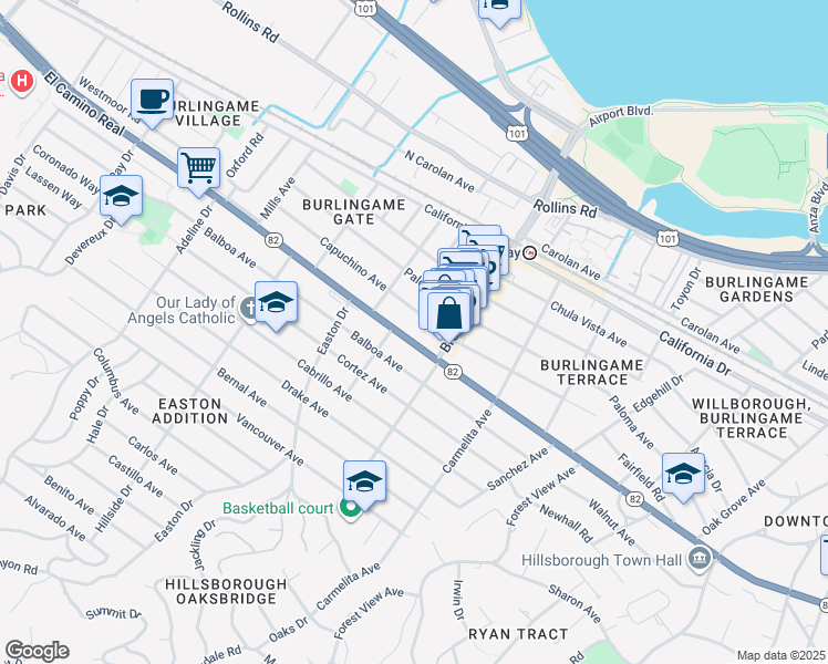 map of restaurants, bars, coffee shops, grocery stores, and more near 1226 El Camino Real in Burlingame