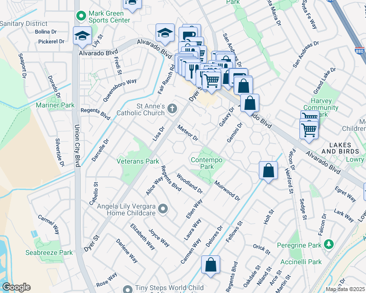 map of restaurants, bars, coffee shops, grocery stores, and more near 4396 Planet Circle in Union City