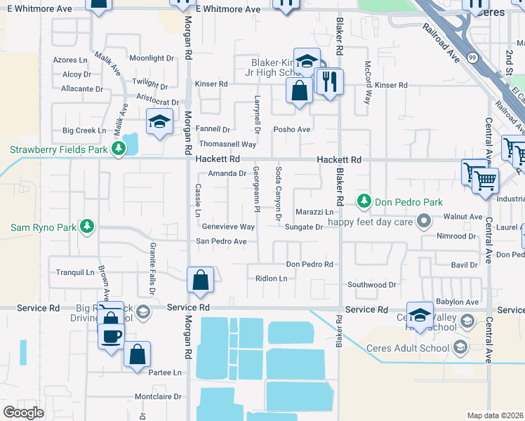 map of restaurants, bars, coffee shops, grocery stores, and more near 1501 Zena Way in Ceres