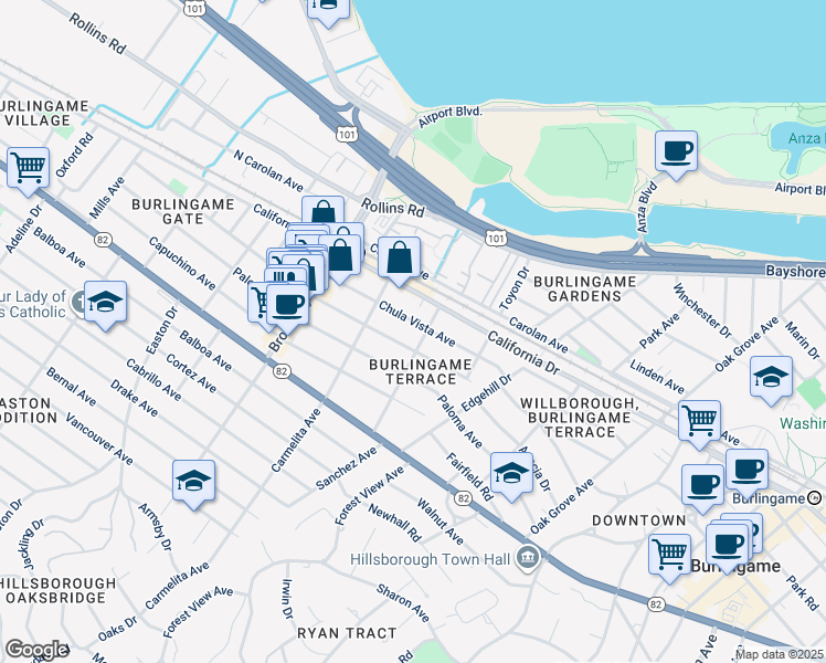 map of restaurants, bars, coffee shops, grocery stores, and more near 1015 Chula Vista Avenue in Burlingame